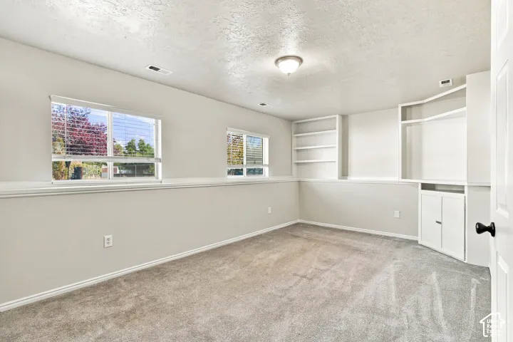 Recessed windows, wall-mounted light fixture, built-in shelving, built-in cabinetry, and carpet flooring