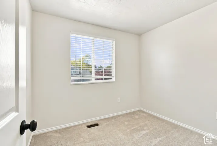 Neutral-toned carpeting, white walls, and a window with horizontal blinds