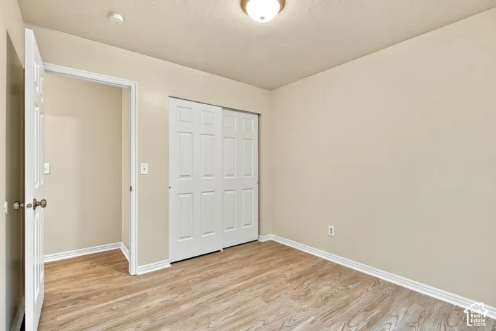 Neutral wall paint, wood-finish flooring, white trim, and a ceiling-mounted light fixture