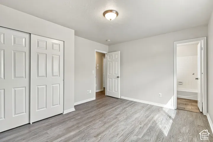 Gray wood-finish flooring, white paneled doors, neutral wall paint, and a built-in closet with sliding doors