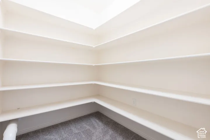 Built-in shelving with multiple storage levels, light-colored walls, and gray carpeting