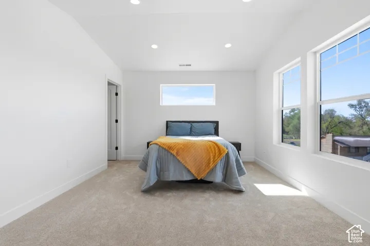Plush carpeting, recessed lighting, and multiple windows