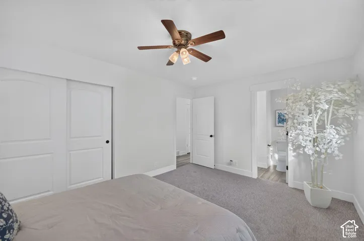 Room featuring a ceiling fan, light gray carpet, and white walls