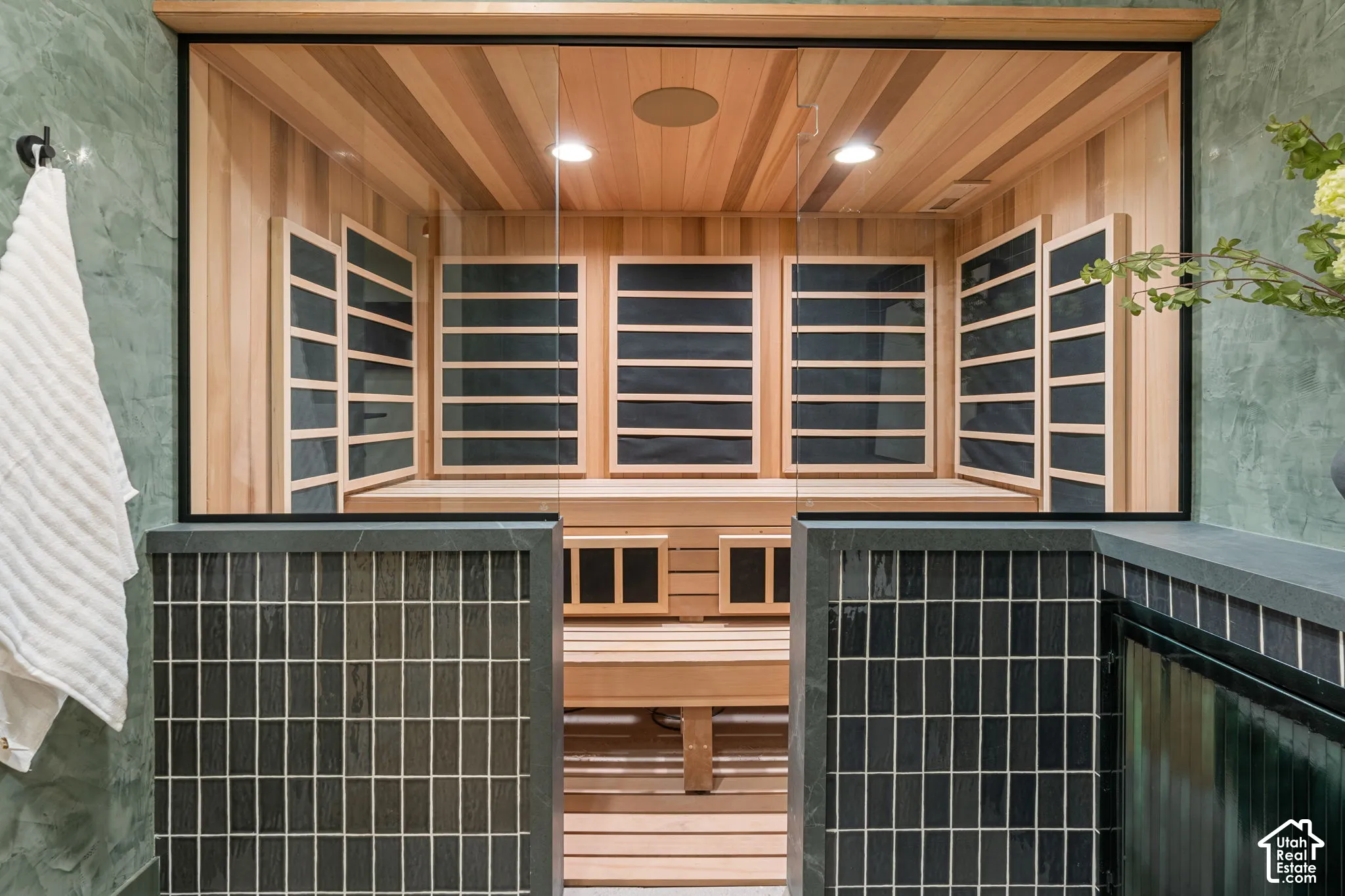 Built-in sauna featuring wood paneling, integrated bench seating, and clear glass enclosure