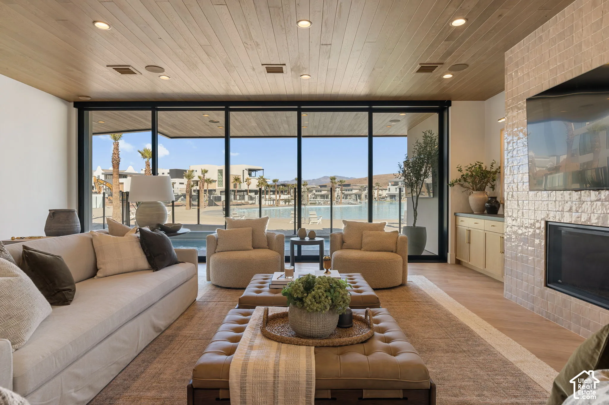 Wood-finish ceiling with recessed lighting