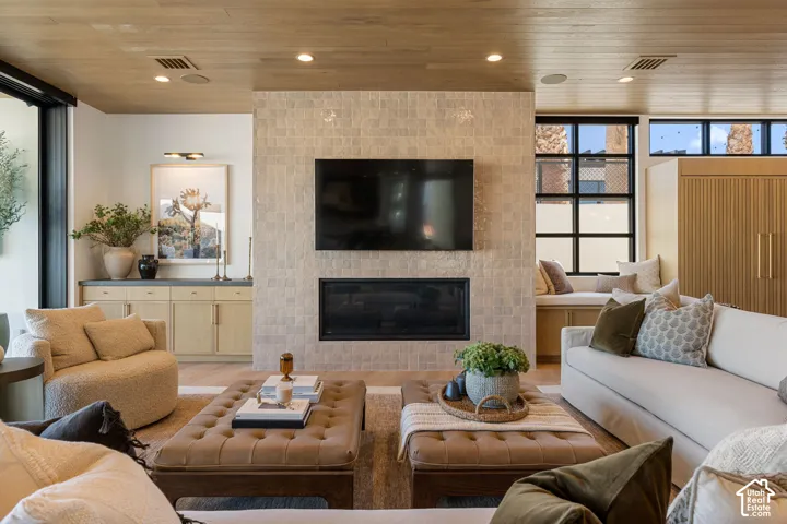 Wood-finish ceiling with recessed lighting