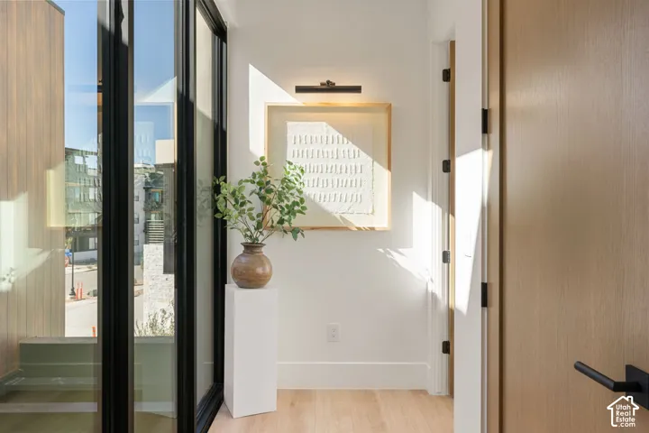 Wood-finish flooring, a light wood-paneled door with matte black hardware, and large black-framed windows