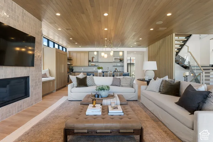 Wood-finish ceiling with recessed lighting