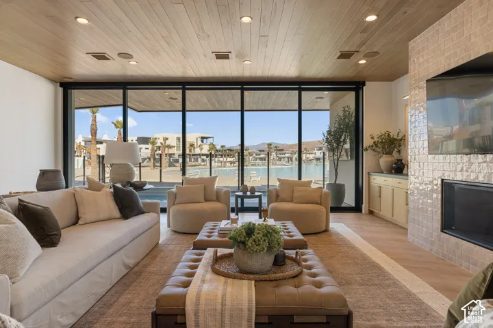 Wood-finish ceiling with recessed lighting