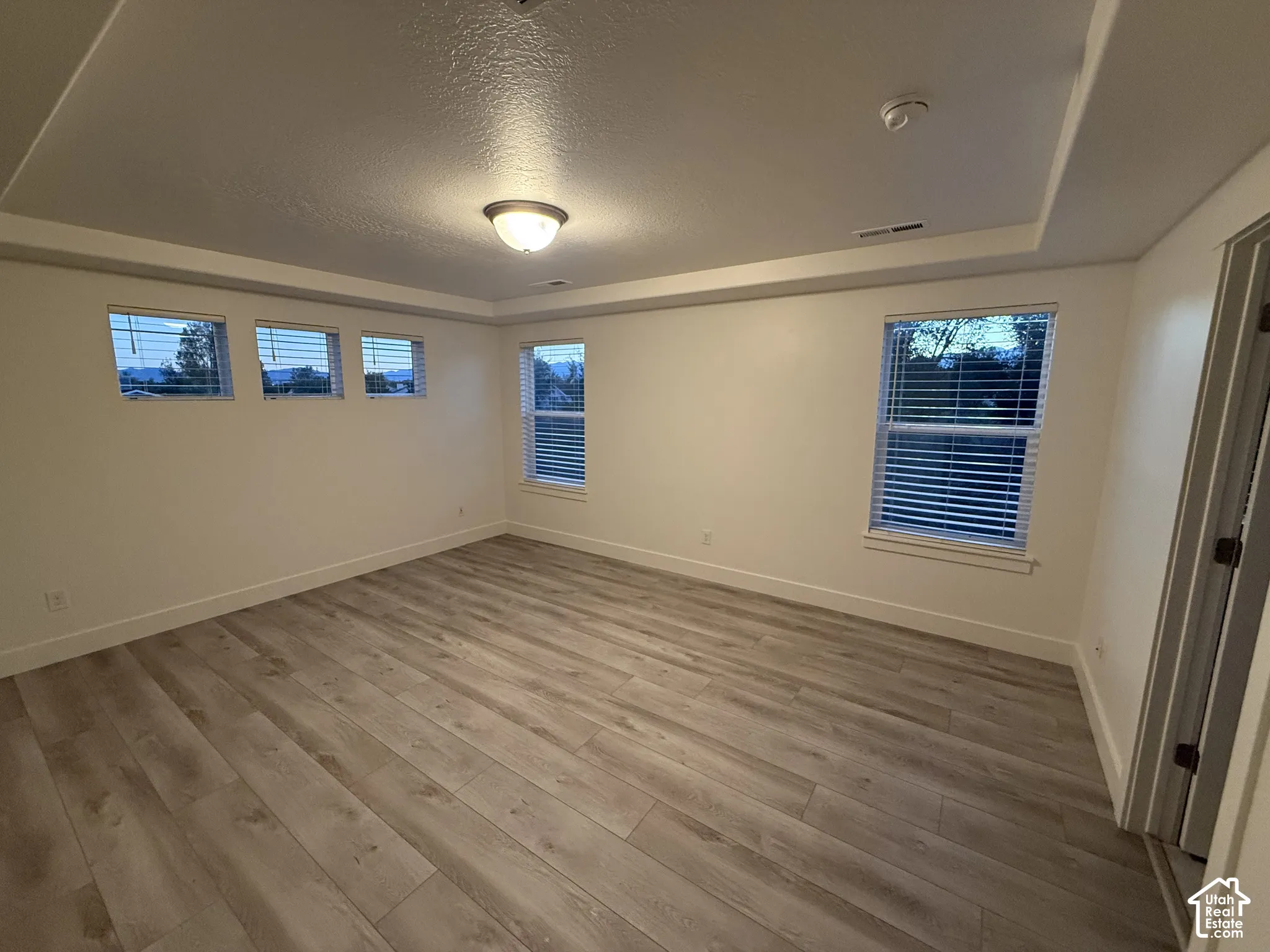 Recessed ceiling with an overhead light fixture, light wood-finish flooring, and multiple windows