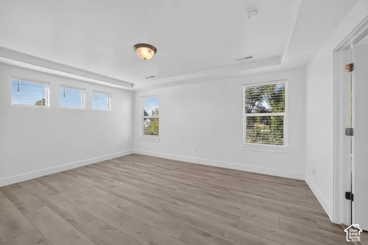 Tray ceiling with a central flush-mount light fixture