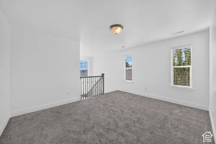 Carpeted room with white walls, two windows featuring blinds, and a built-in ceiling light fixture