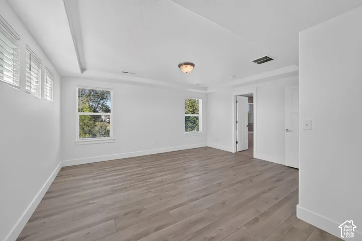 Tray ceiling with recessed lighting, wood-finish flooring, multiple windows, and a flush-mount ceiling light