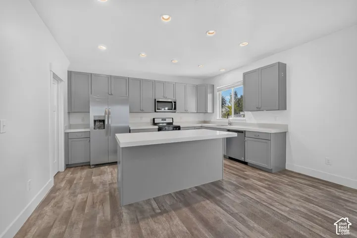Kitchen featuring wood-finish flooring, recessed lighting, a central island, grey cabinetry, and stainless steel appliances