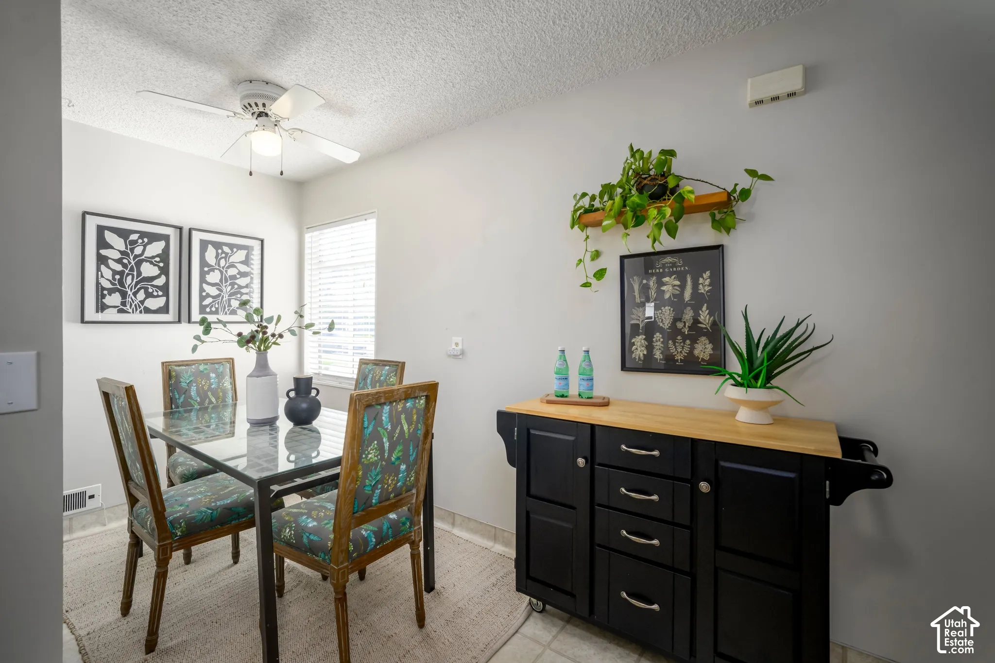 Recessed lighting, ceiling fan, window with blinds, light gray wall paint, and tile flooring