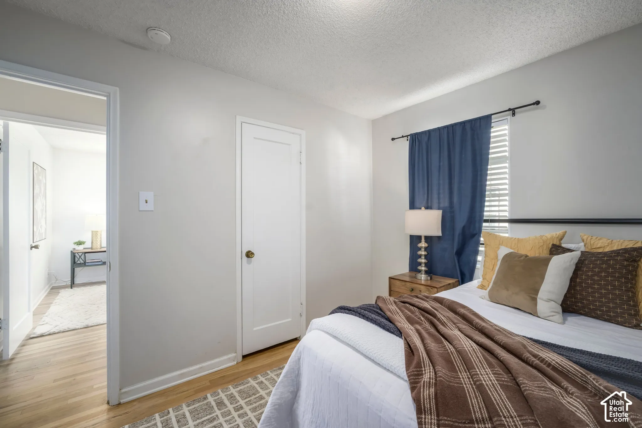 Neutral wall tones, wood-finish flooring, a solid core interior door, and a built-in window with horizontal blinds