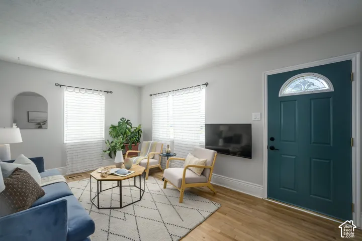 Hardwood flooring, light gray wall paint, white window blinds, white trim, and a paneled entry door with an arched decorative glass insert