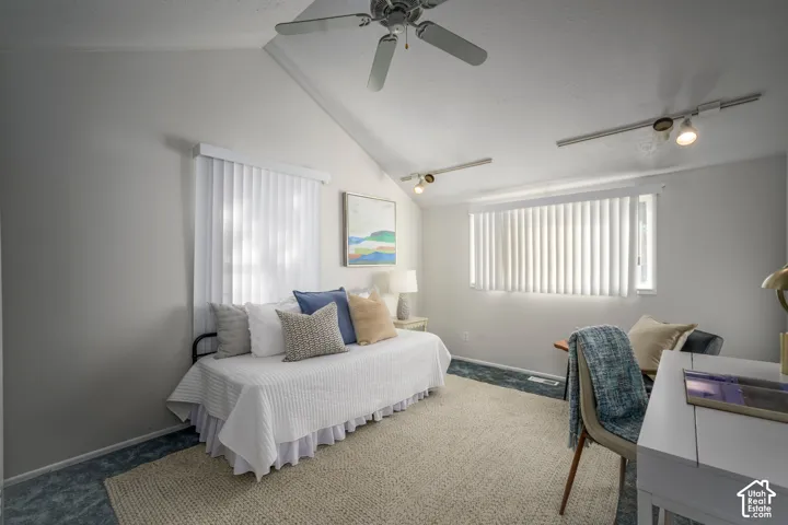 Vaulted ceiling with a ceiling fan, track lighting, and vertical window blinds