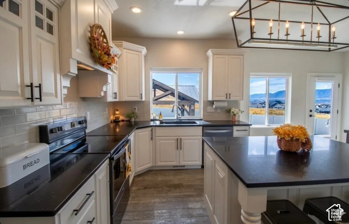 White shaker cabinetry with black hardware, black countertops, stainless steel appliances, and wood-finish flooring