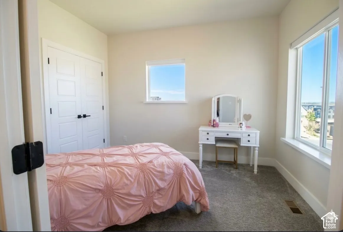 Neutral wall color, dual pane windows, carpeted flooring, and paneled closet doors with black hardware