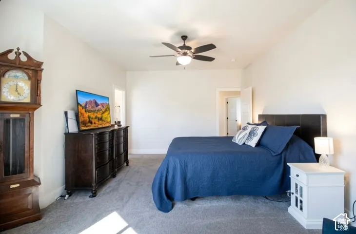 Tray ceiling, ceiling fan, and carpeted flooring