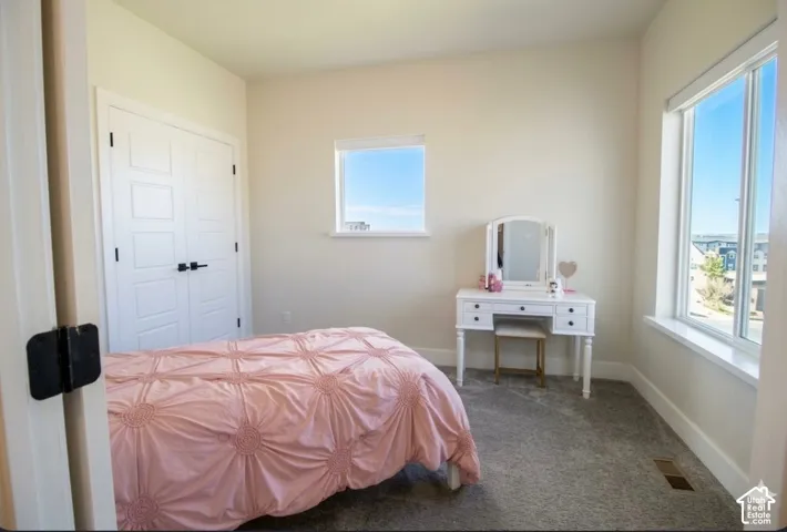Neutral wall color, dual pane windows, carpeted flooring, and paneled closet doors with black hardware