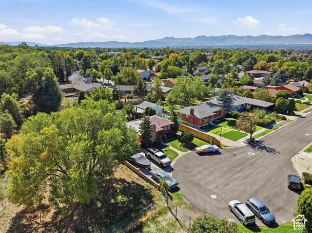 Residential neighborhood with mature trees, paved streets, and distant mountains