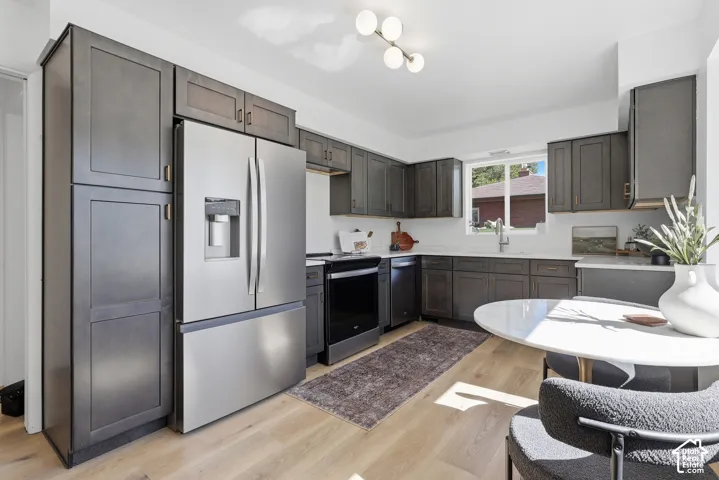 Kitchen featuring dark wood-finish cabinetry, stainless steel appliances, light wood-finish flooring, white countertops, and a modern ceiling light fixture
