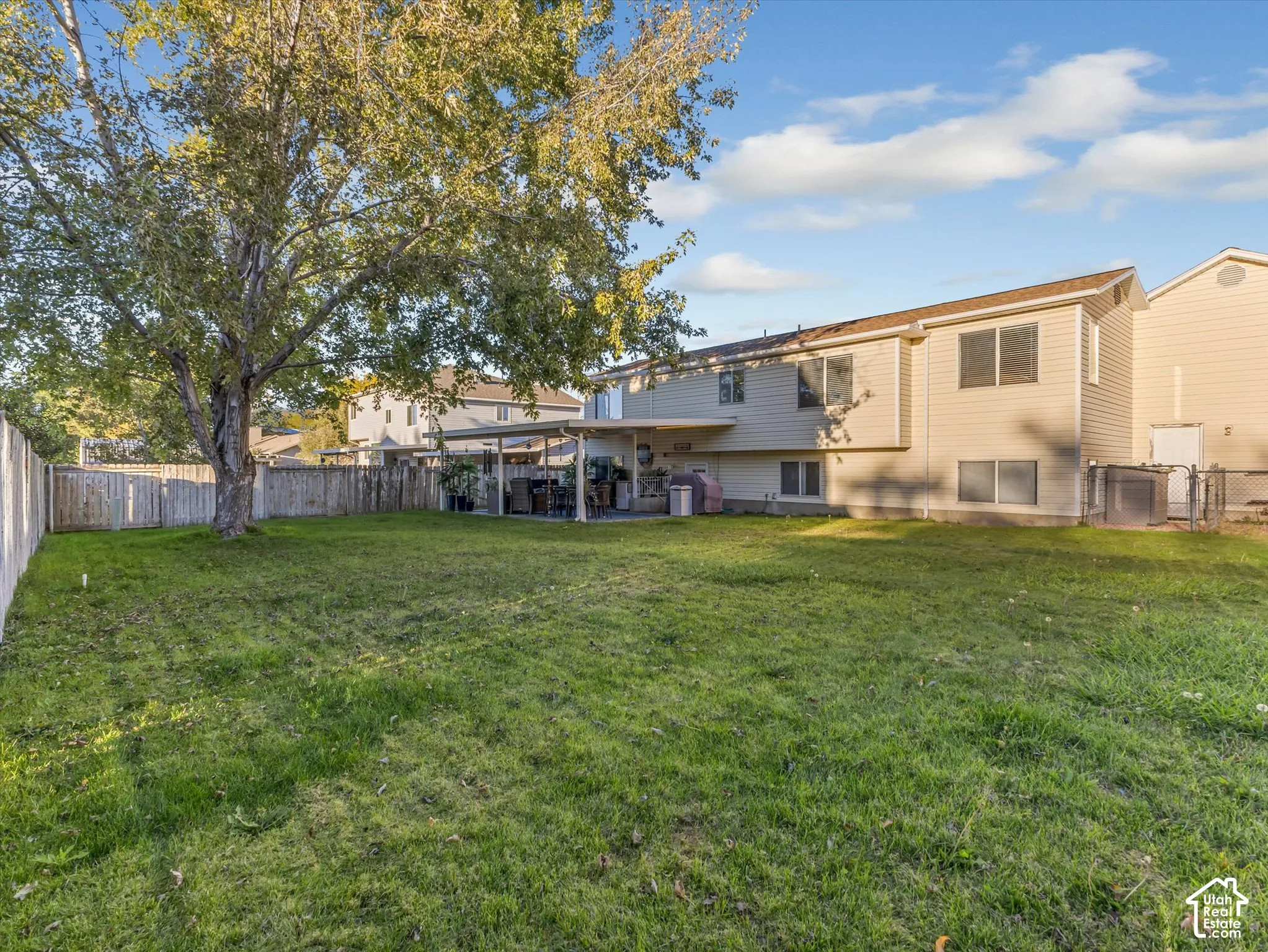 Expansive backyard with a large mature tree, wood privacy fencing, and a covered patio area