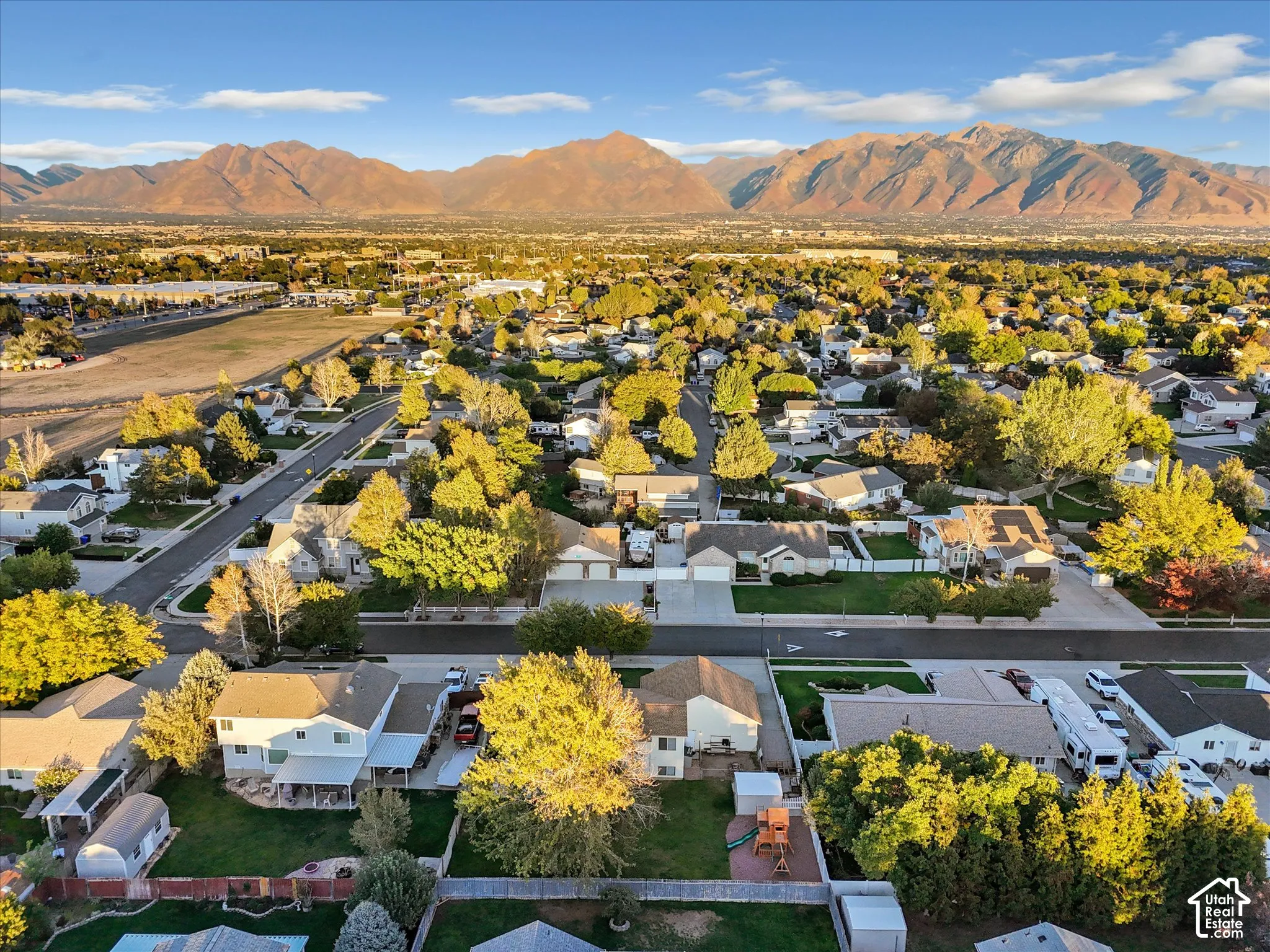 Expansive neighborhood with mature trees and mountain backdrop
