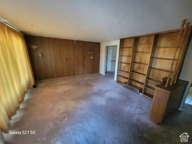 Built-in wood shelving, wood paneling, and wall-to-wall carpeting
