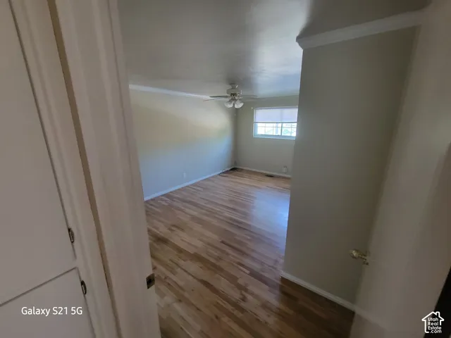 Wood-finish flooring, white crown molding, ceiling fan, and a window with blinds