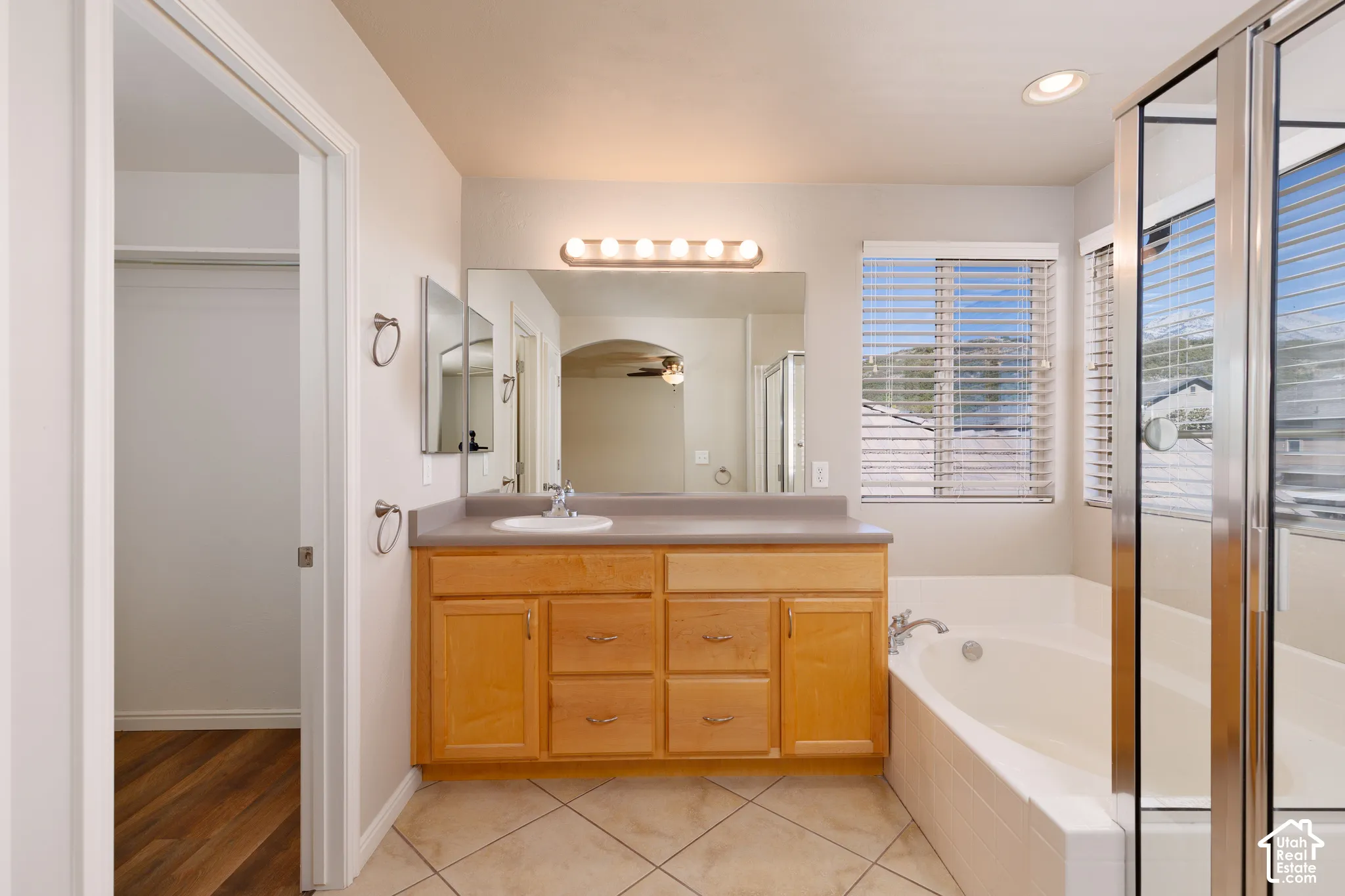 Vanity with integrated sink, wood cabinetry, and extensive countertop space