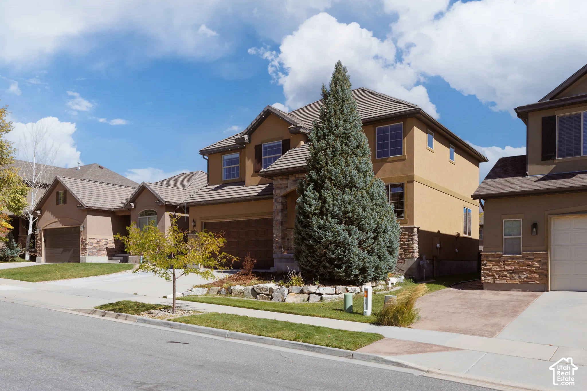 Stucco and stone facade with multiple windows, an attached two-car garage, and mature landscaping