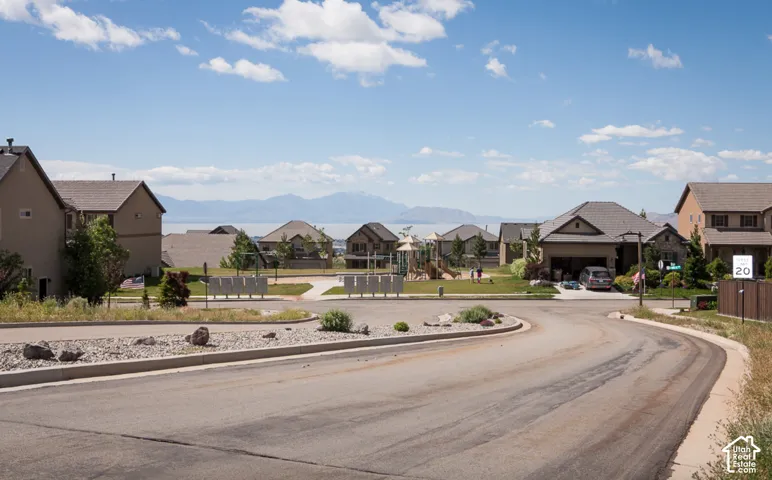 Residential street with paved surfaces and visible landscaping