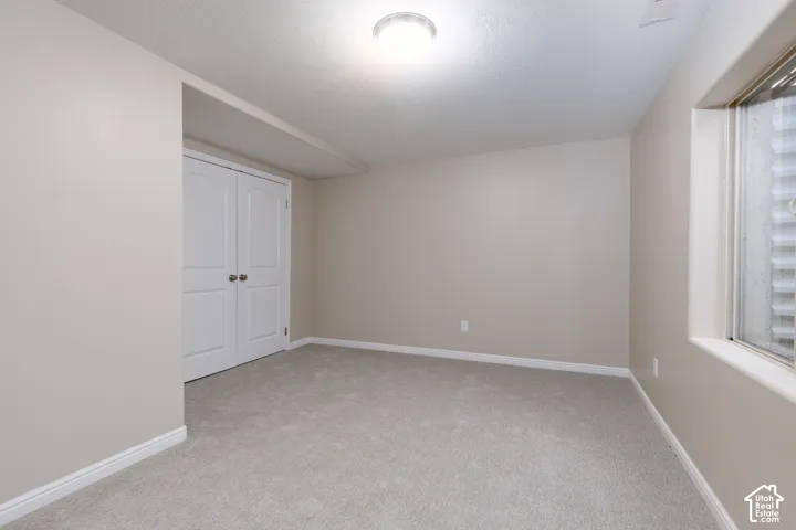 Neutral-toned walls, light-colored carpeting, white trim, and a window with a light well