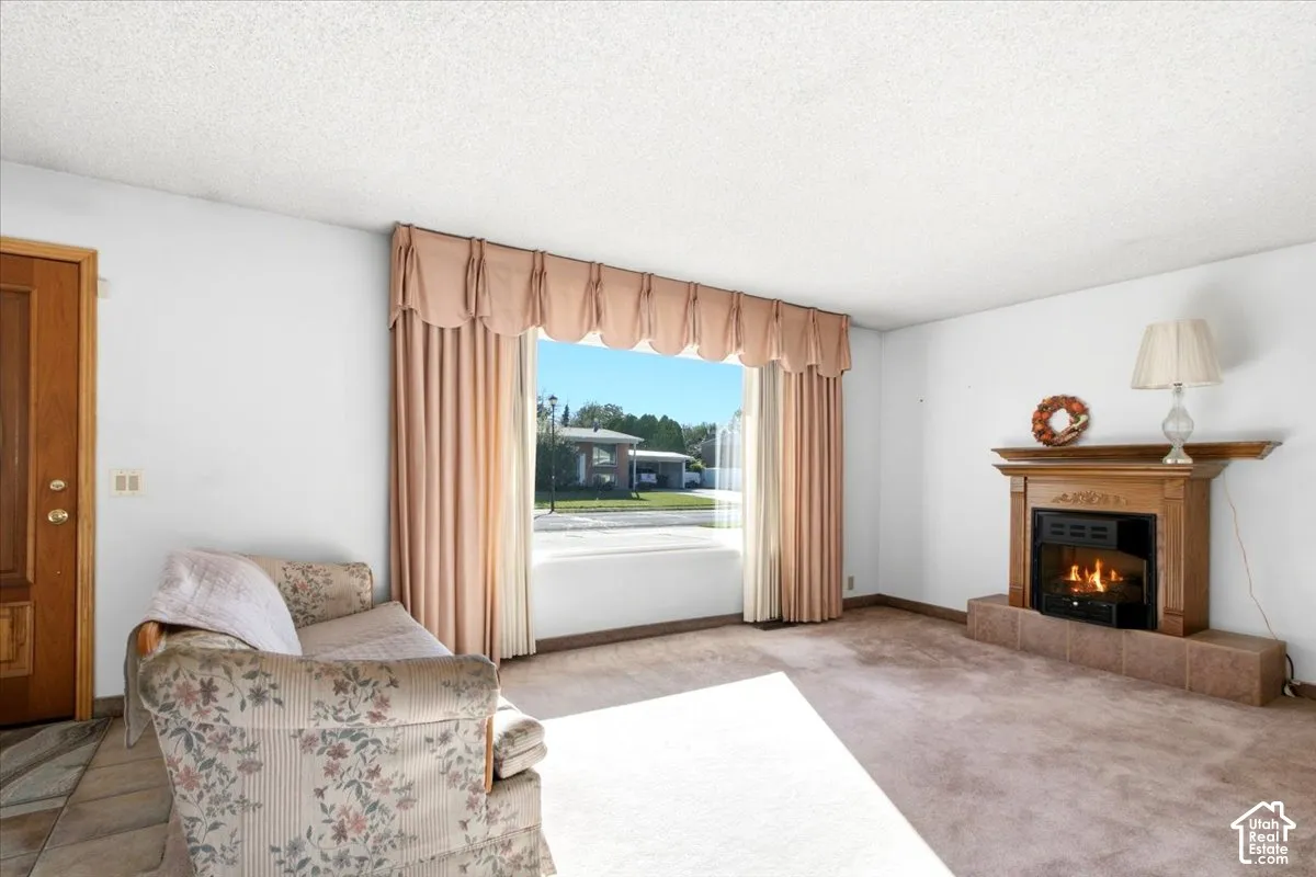 Wood-finish entry door, large front window, wood-finish fireplace mantel, and tile hearth