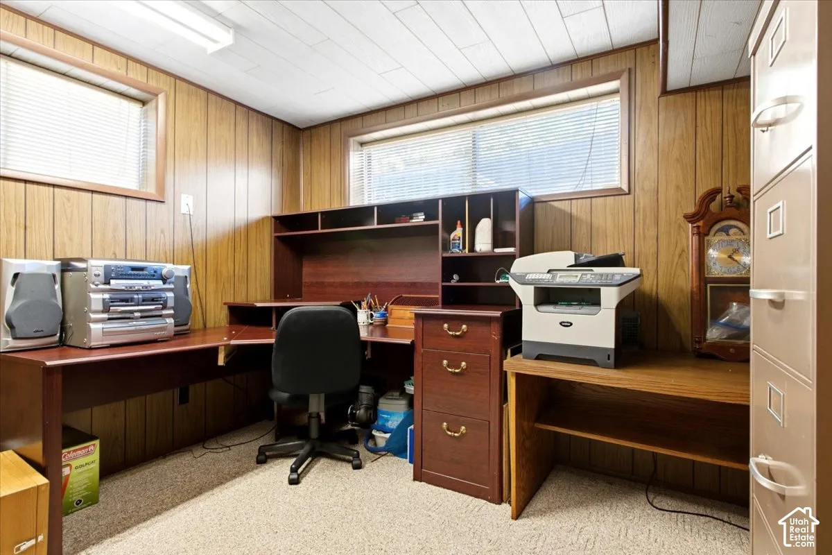 Wood-paneled walls with two windows, carpeted flooring, and a drop ceiling with fluorescent lighting