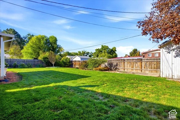 Expansive backyard featuring a manicured lawn, mature trees, and a full wooden privacy fence