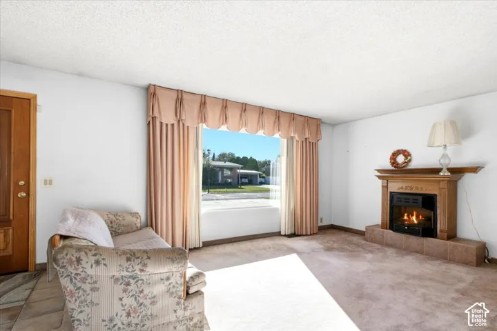 Wood-finish entry door, large front window, wood-finish fireplace mantel, and tile hearth