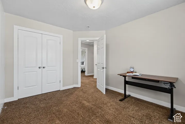 Neutral wall finishes, textured carpeting, and white interior doors