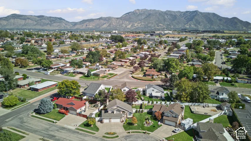 Aerial perspective showcasing a residential neighborhood with varied architectural styles and mature trees