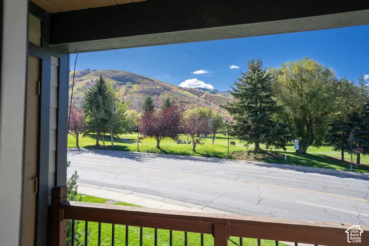 Expansive mountain backdrop with lush, green foliage