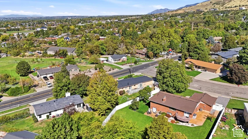 Expansive aerial perspective showcasing a residential area with mature trees, established properties, and distant mountains