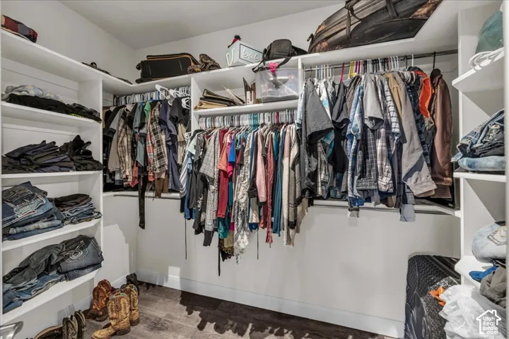 Walk-in closet featuring built-in shelving, hanging rods, and wood-finish flooring