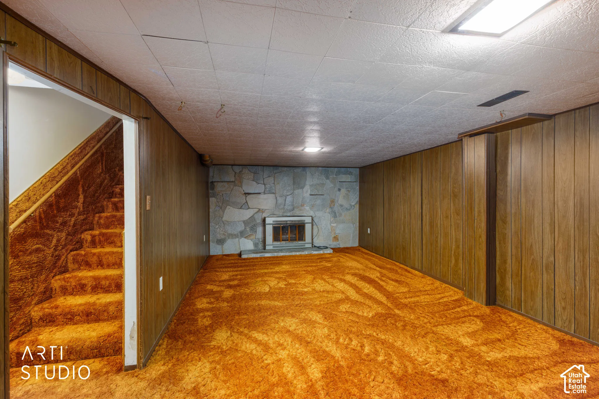 Stone-clad fireplace feature with a hearth, panel-style wall coverings, and wall-to-wall carpeting