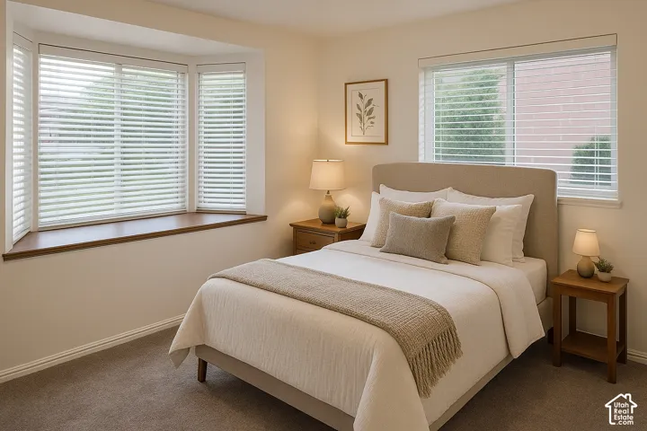Bay window with a wood-finish sill, neutral-toned carpeting, and light-colored walls