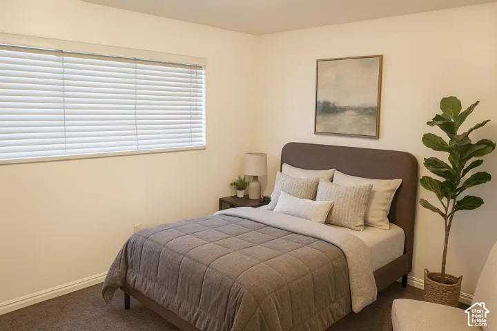 Textured carpeting and a permanent window blind