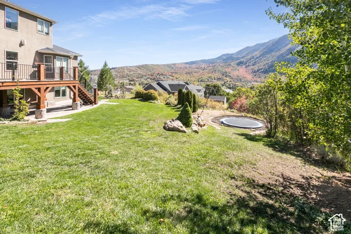 Expansive backyard with a manicured lawn, a built-in trampoline, and mature trees
