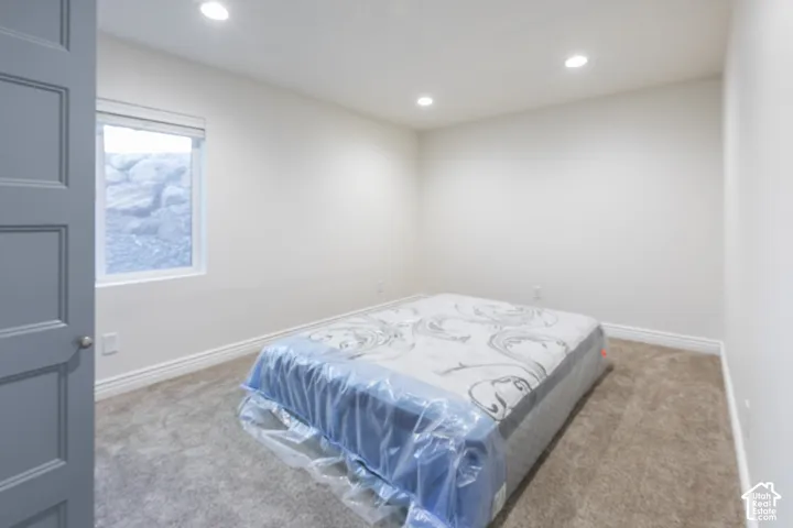 Recessed lighting, plush carpet flooring, white walls, white window trim, and a gray paneled door